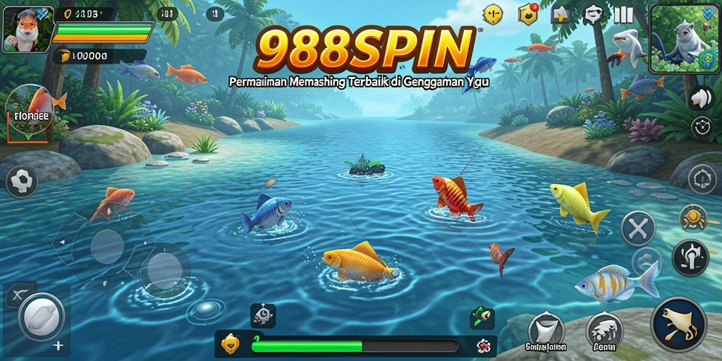 Screenshot permainan 988SPIN menampilkan aksi memancing yang seru dan grafis indah.