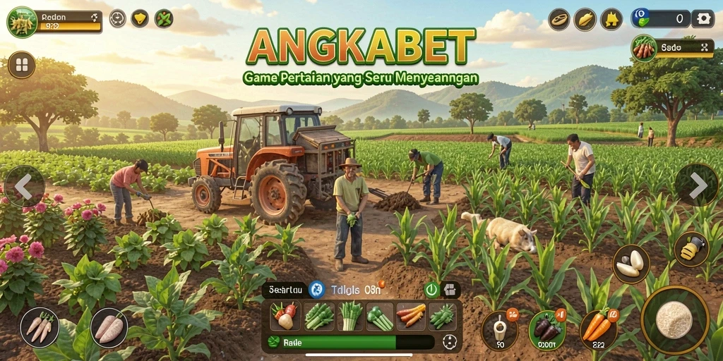 Screenshot gameplay <strong>ANGKABET</strong> menampilkan kebun yang subur dan hewan ternak yang sehat.