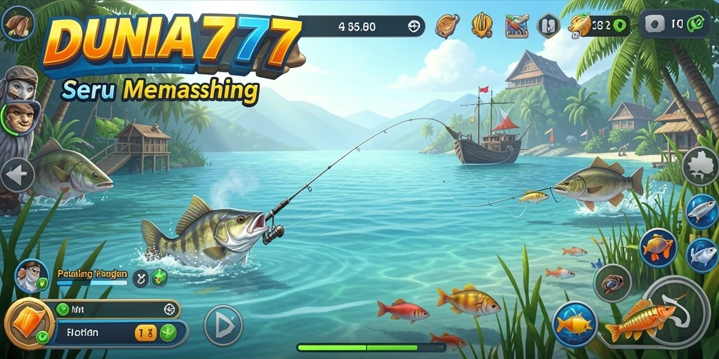 Tampilan gameplay seru di DUNIA777 dengan beragam ikan dan lokasi memukau.