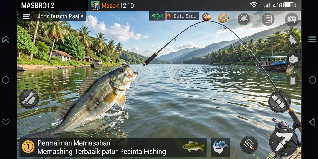 Tampilan gameplay <strong>MASBRO12</strong> dengan aksi memancing yang seru dan interaktif.