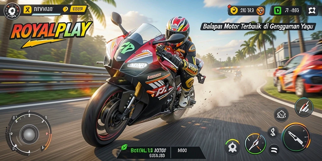 Screenshot gameplay ROYALPLAY menampilkan aksi balapan motor yang seru.