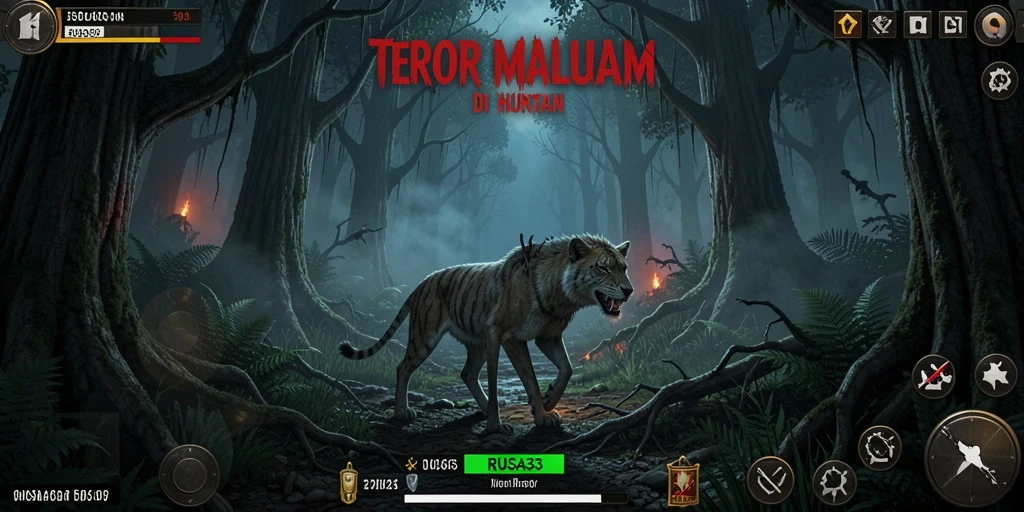 Tampilan gameplay horror yang menegangkan di hutan gelap.