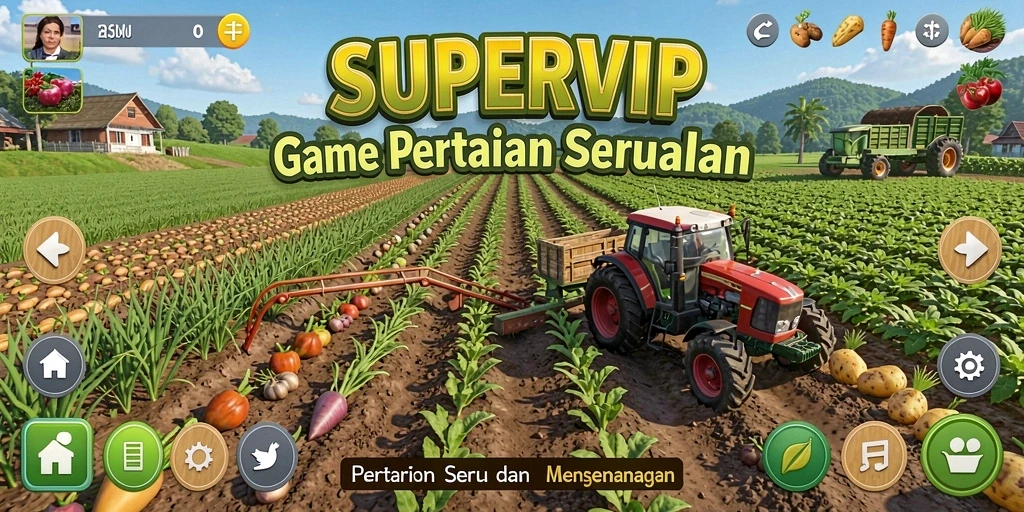 Tampilan screenshot game SUPERVIP yang menunjukkan keseruan bertani.